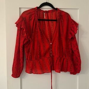 Cherry red peasant style ruffle blouse 🍒